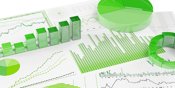 BWV Bildungsverband Zahlen Eine grafische Darstellung von Daten in Grüntönen zeigt verschiedene Diagramme: Balken-, Linien- und Kreisdiagramme, die Wachstum und Trends veranschaulichen. Die Präsentation hebt quantitative Informationen und Statistiken hervor, die in einer klaren, strukturierten Form angeordnet sind.