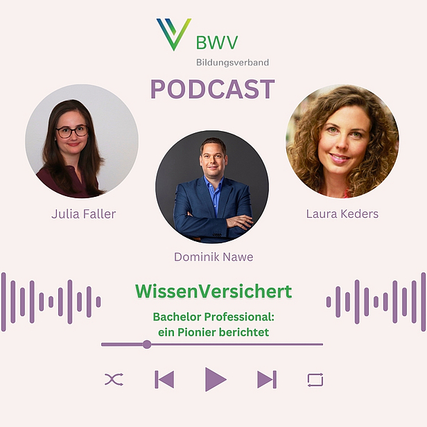 Das Bild zeigt drei Personen in Rundbildern, die Teil eines Podcasts mit dem Titel "WissenVersichert" sind. Es geht um den Bachelor Professional und das Interview eines Pioniers. Unten sind grafische Elemente, die das Podcast-Format symbolisieren.