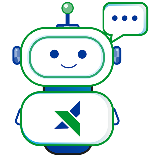 Ein freundlicher Roboter mit einem lächelnden Gesicht und einem Sprechblasen-Symbol. Der Roboter trägt ein Logo, das eine Kombination aus blauen und grünen Formen zeigt. Die Bildbotschaft vermittelt Unterstützung oder Kommunikation.