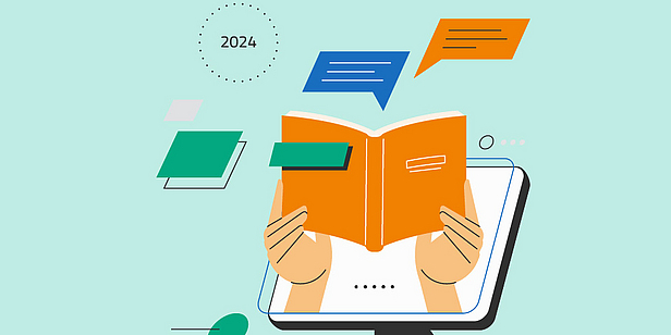Eine Person hält ein aufgeschlagenes Buch vor einem Computerbildschirm. Bunte Sprechblasen schweben darüber, die Interaktion und Kommunikation symbolisieren. Im Hintergrund ist die Jahreszahl 2024 zu sehen.