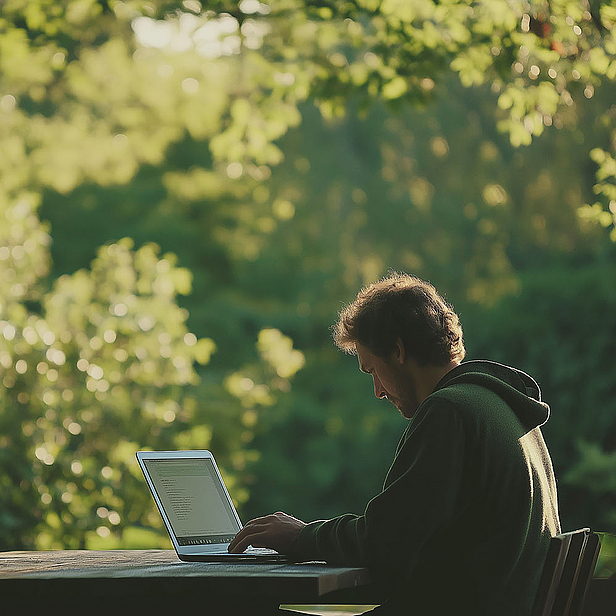 Eine Person sitzt an einem Tisch im Freien und arbeitet an einem Laptop. Der Hintergrund ist von grünen Bäumen und leichtem Sonnenlicht geprägt, was eine ruhige, natürliche Atmosphäre schafft.